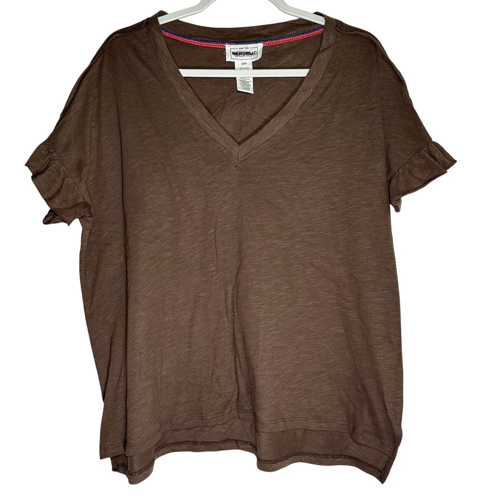 For The Republic Brown Slub Cotton Ruffle Sleeve V-Neck‎ Tee Shirt Medium 8414